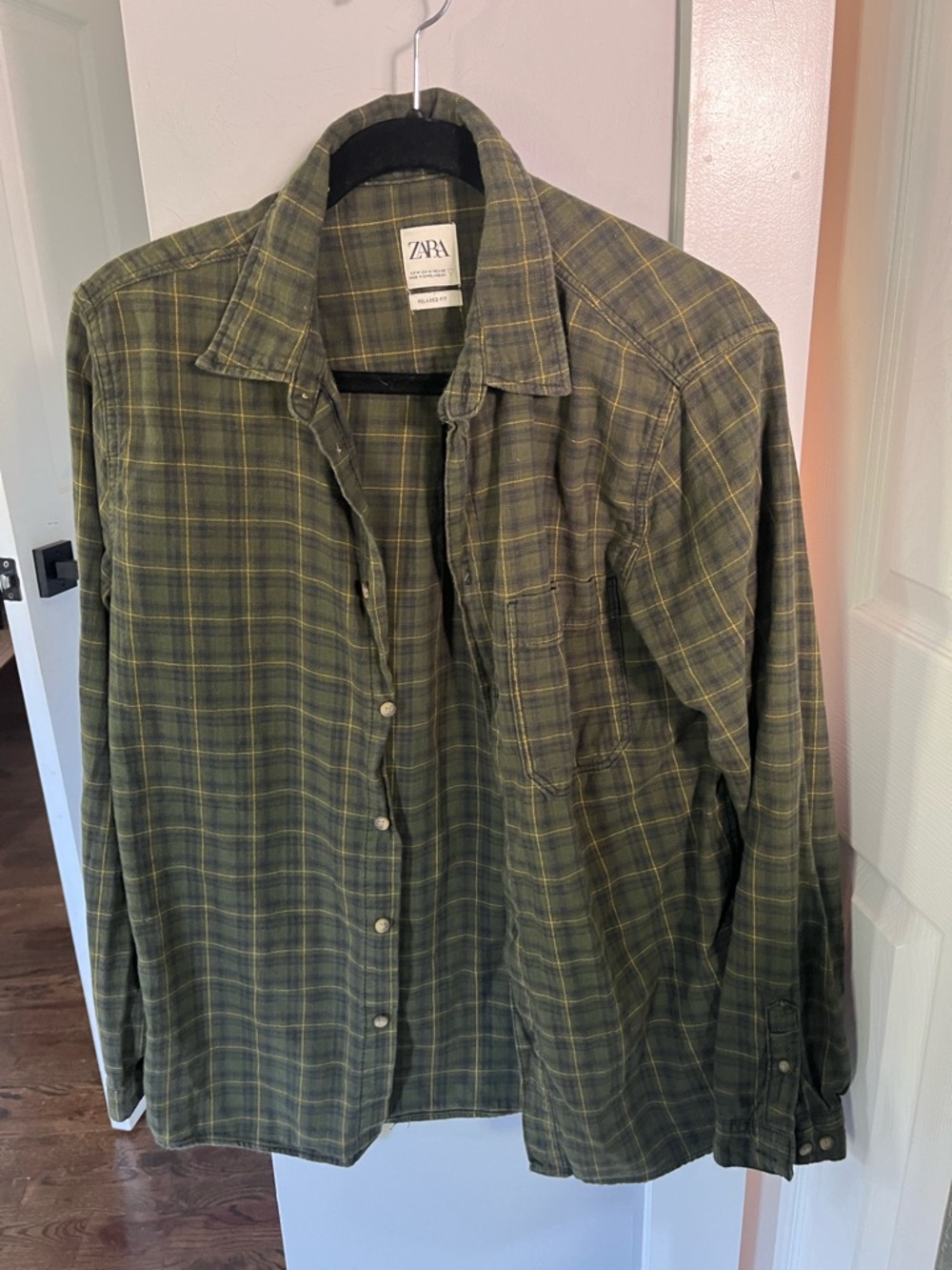 Zara Olive Green Plaid Button-Up Shirt